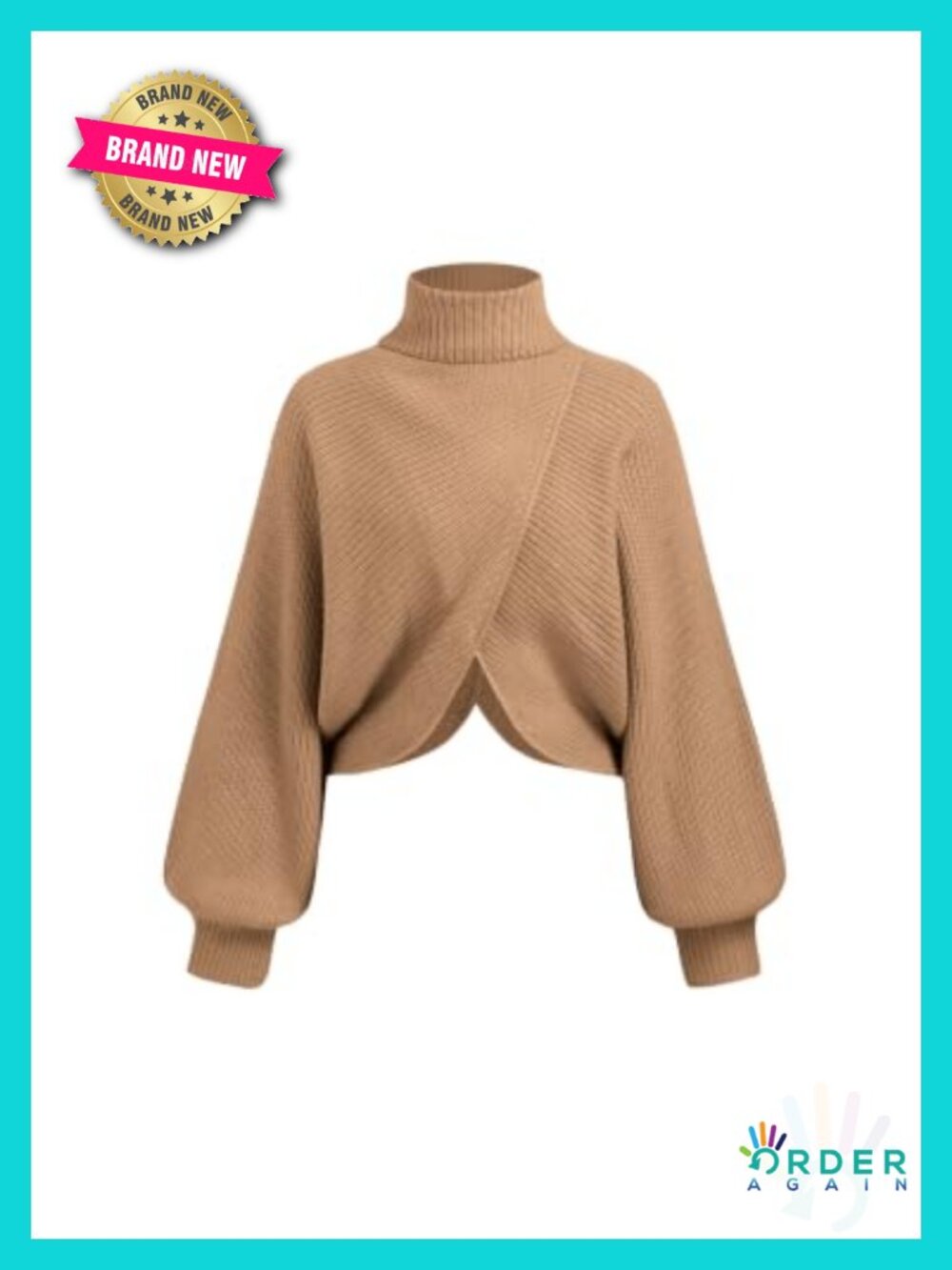 Cropped Wrap Lantern Sleeve Turtleneck Sweater High Stretch Thick Knit
